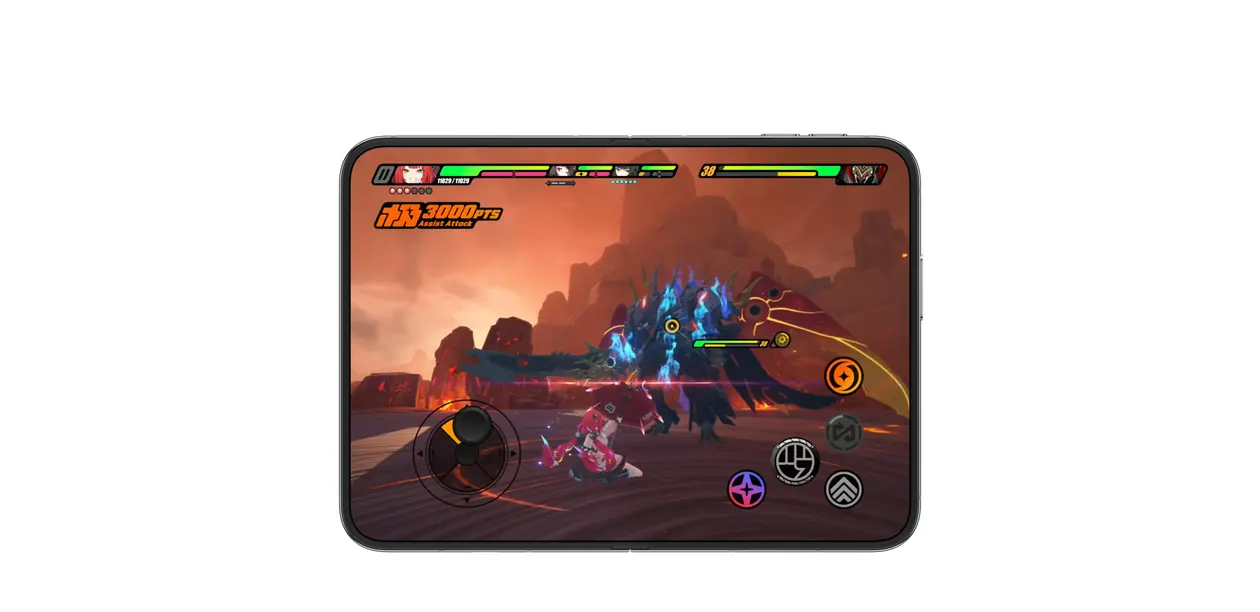 iPhone Duo showing a high-performance game on its large display